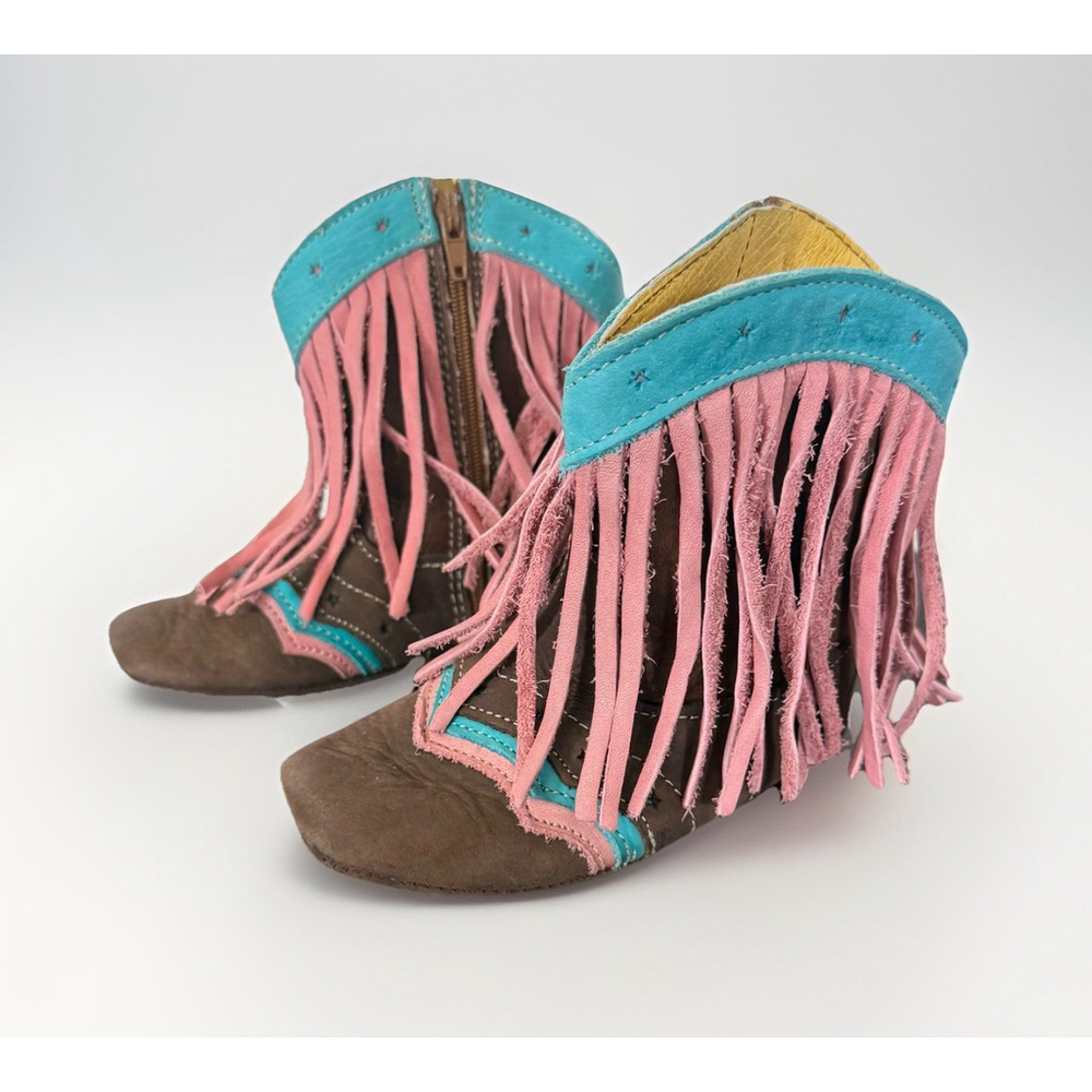 Shea “Lyddie” Fringe Baby Boots Infant Size Western Cowgirl Blue & Pink Leather